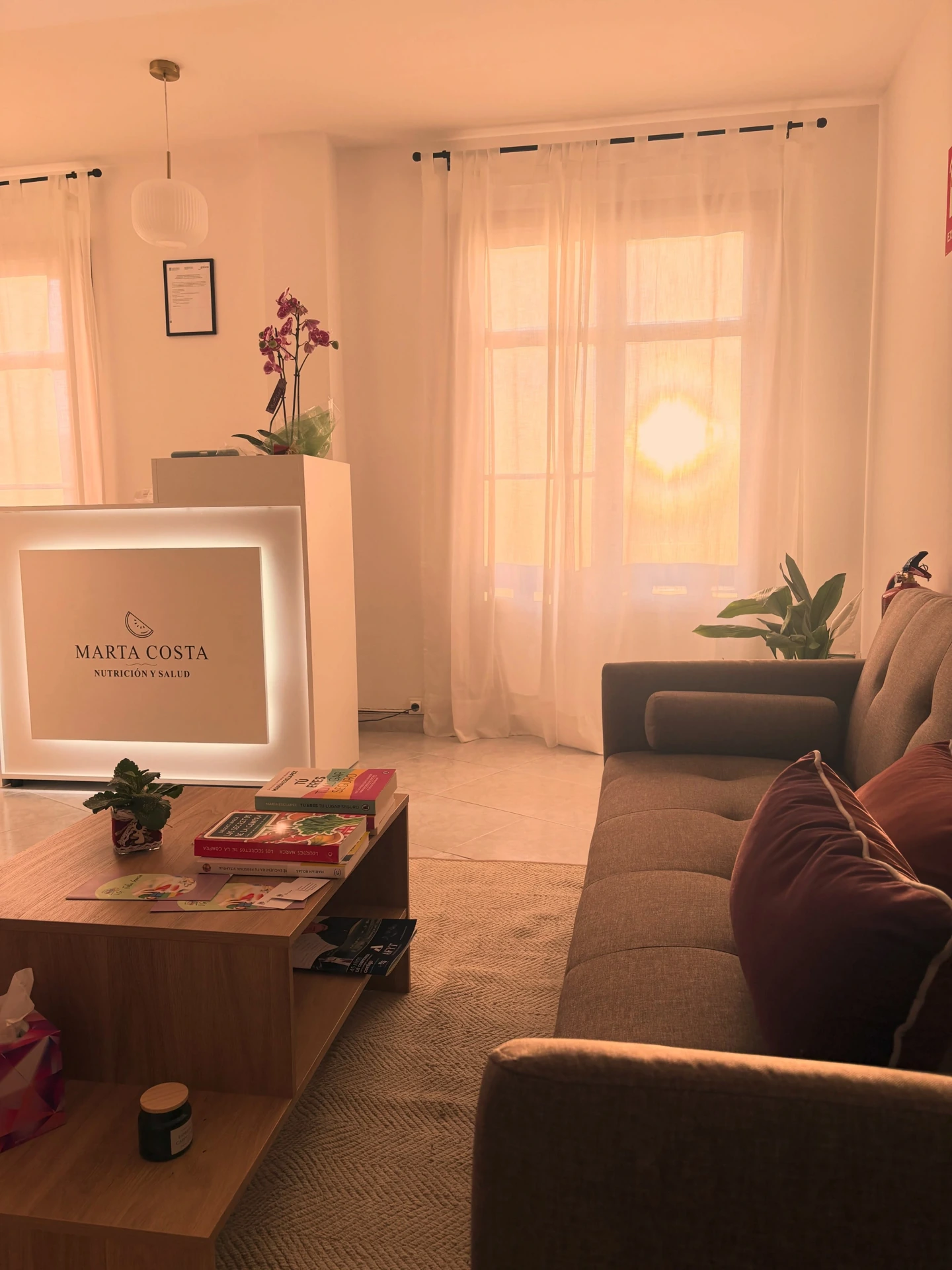 Recepción de Marta Costa, con luz natural, sofá y muebles de madera